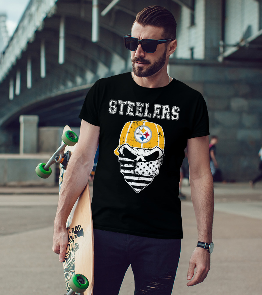 Steelers Skull With American Flag Bandana And Hat T-Shirt