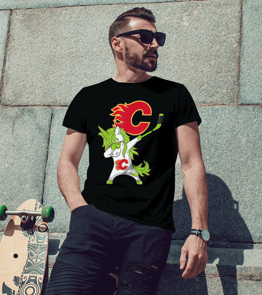 St Patrick Day Dabbing Unicorn Calgary Flames Hockey Stick T-Shirt
