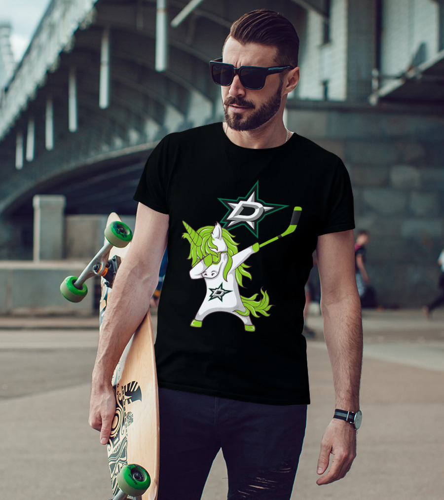 St Patrick's Day Dabbing Unicorn With Hockey Stick Dallas Stars T-Shirt