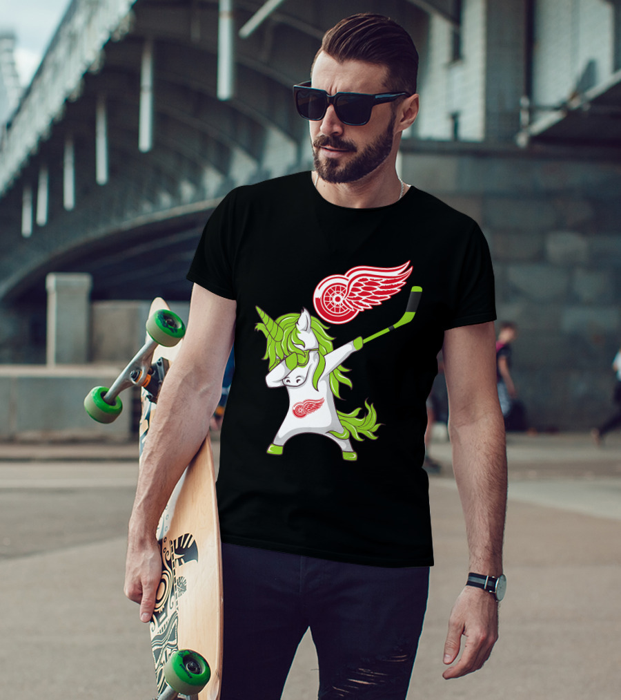 Detroit Red Wings St Patrick's Day Dabbing Unicorn Hockey Stick T-Shirt