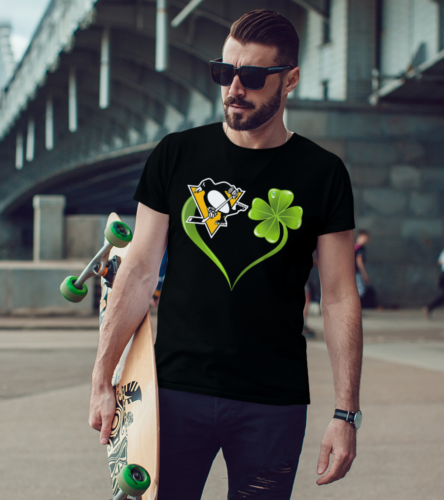 St Patrick Day Irish Shamrock Heart Love Pittsburgh Penguins T-Shirt