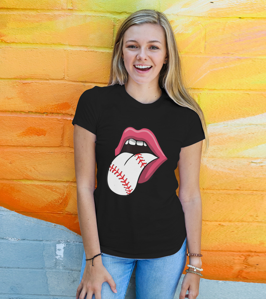 Baseball Red Lips Tongue Stitch T-Shirt