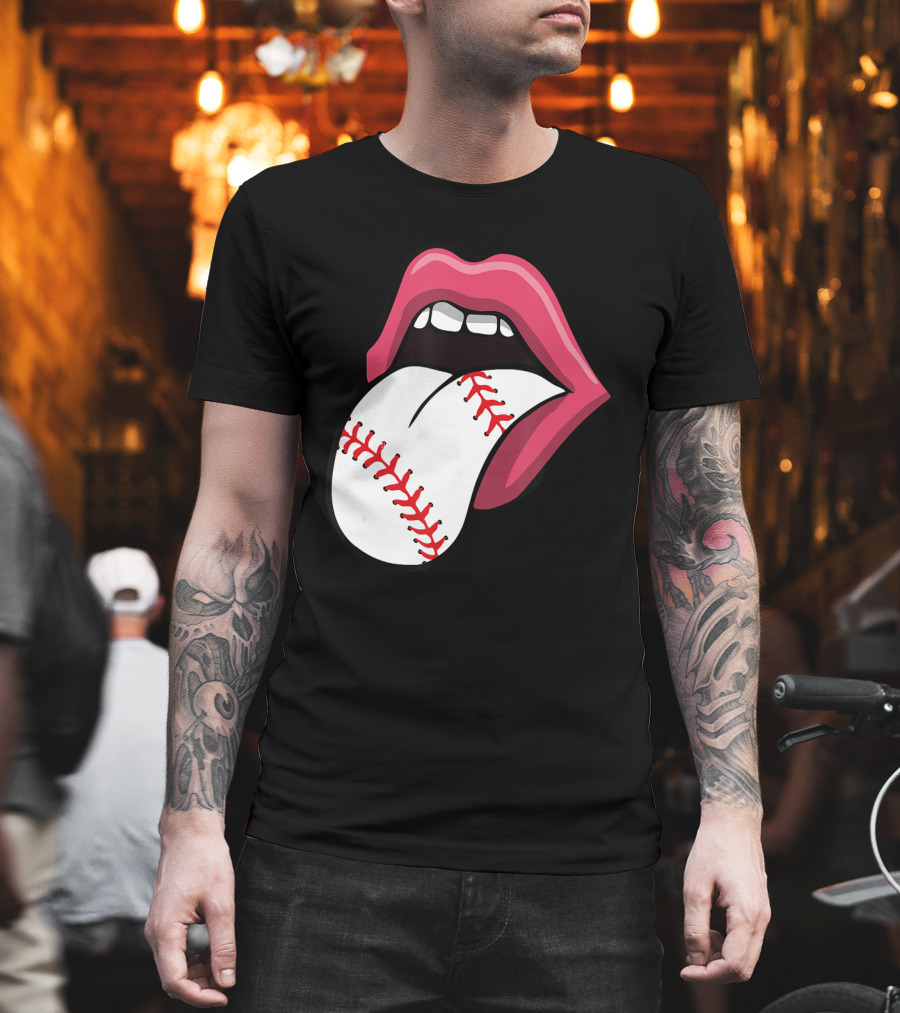 Baseball Red Lips Tongue Stitch T-Shirt