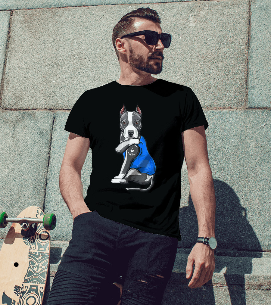 Pit Bull Dog I Love Mom Tattoo Blue T-Shirt
