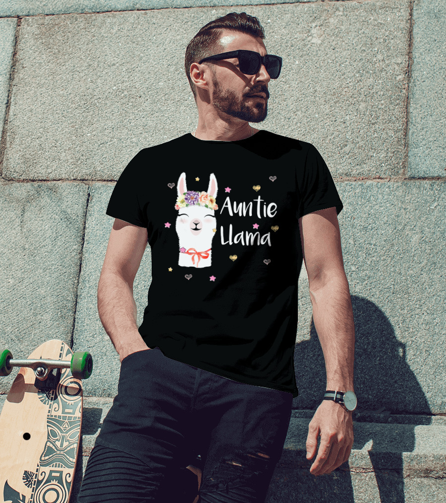 Auntie Llama Cute Floral Crown And Stars For Llama Lovers T-Shirt