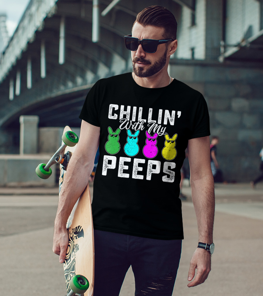 Chillin' With My Peeps Green Blue Pink Yellow Bunnies Wearing Sunglasses T-Shirt
