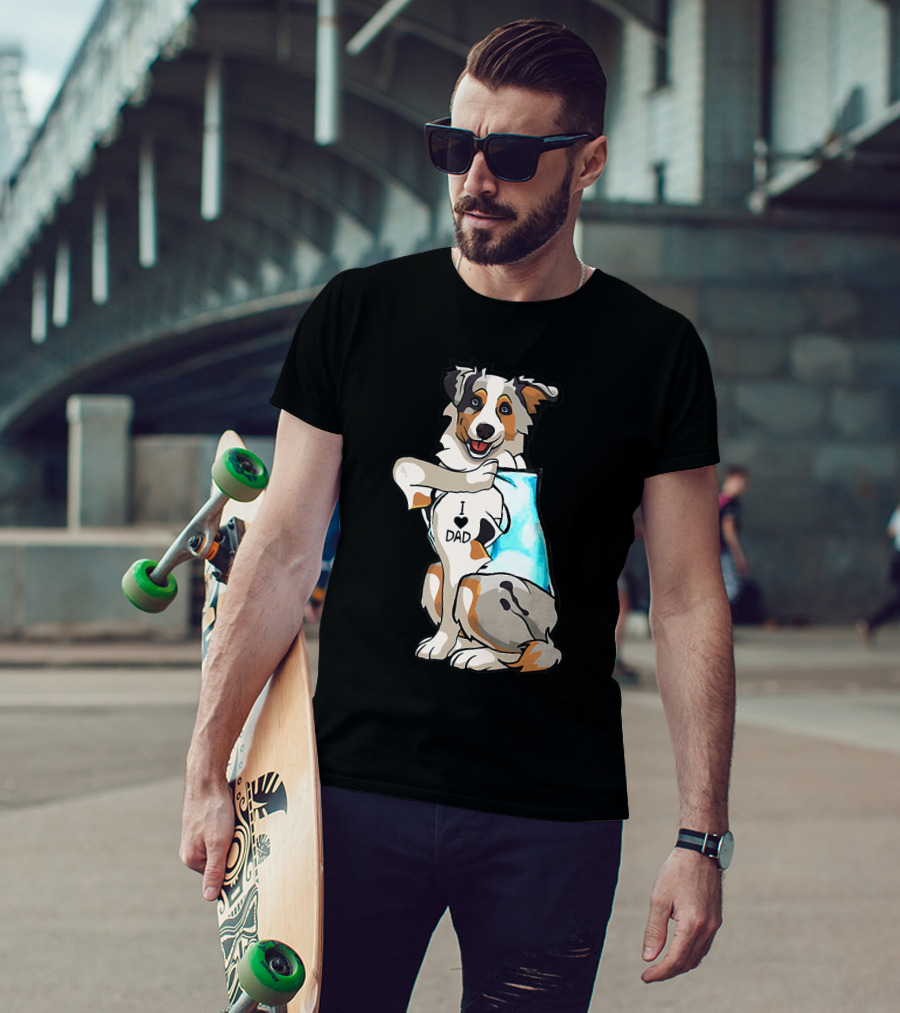 Australian Shepherd Dog I Love Dad Tattoo Paws Up T-Shirt