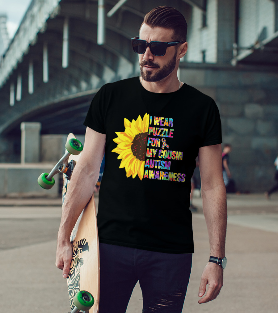 I Wear Puzzle For My Cousin Autism Awareness Sunflower T-Shirt