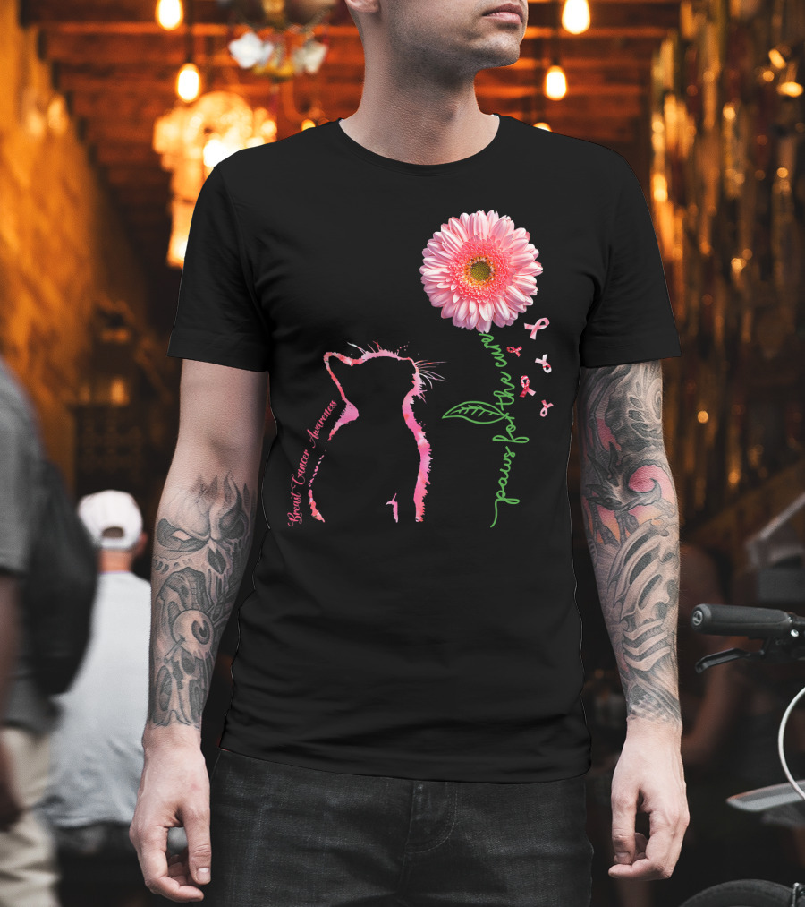 Paws For The Cure Breast Cancer Awareness Cat Pink Flower T-Shirt