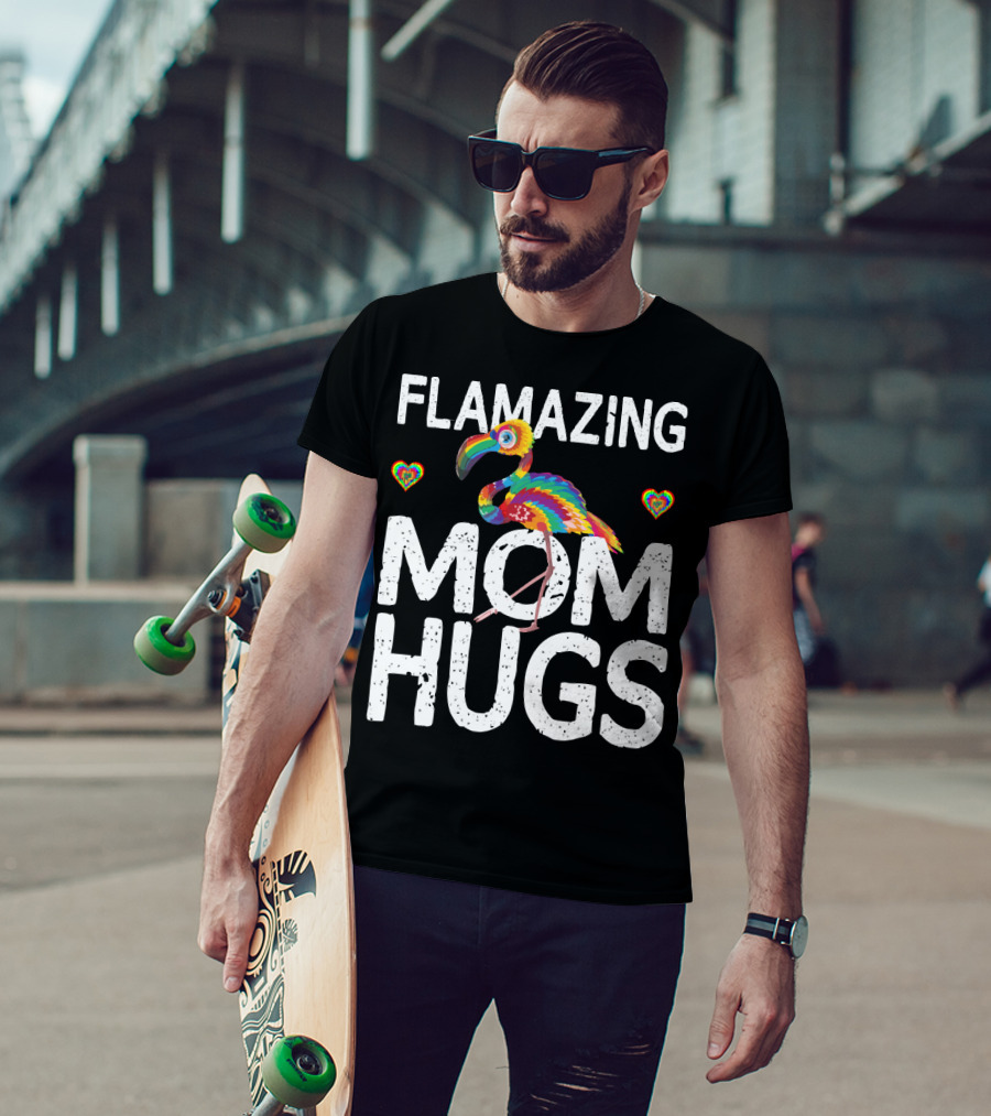 FLAMAZING MOM HUGS Colorful Rainbow Flamingo Hearts T-Shirt