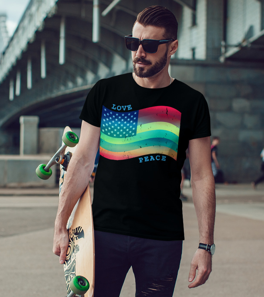 Love Peace Pride Rainbow American Flag T-Shirt