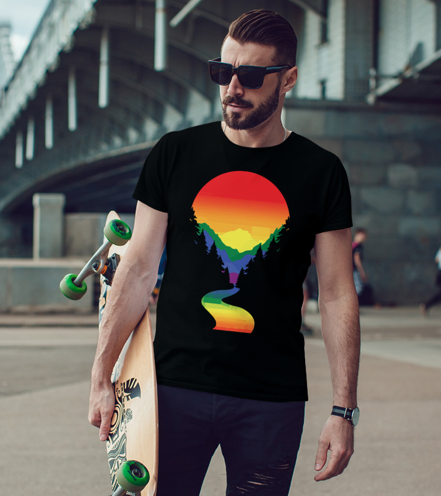 Rainbow Pride Sunset Silhouette Mountains Forest Pathway T-Shirt