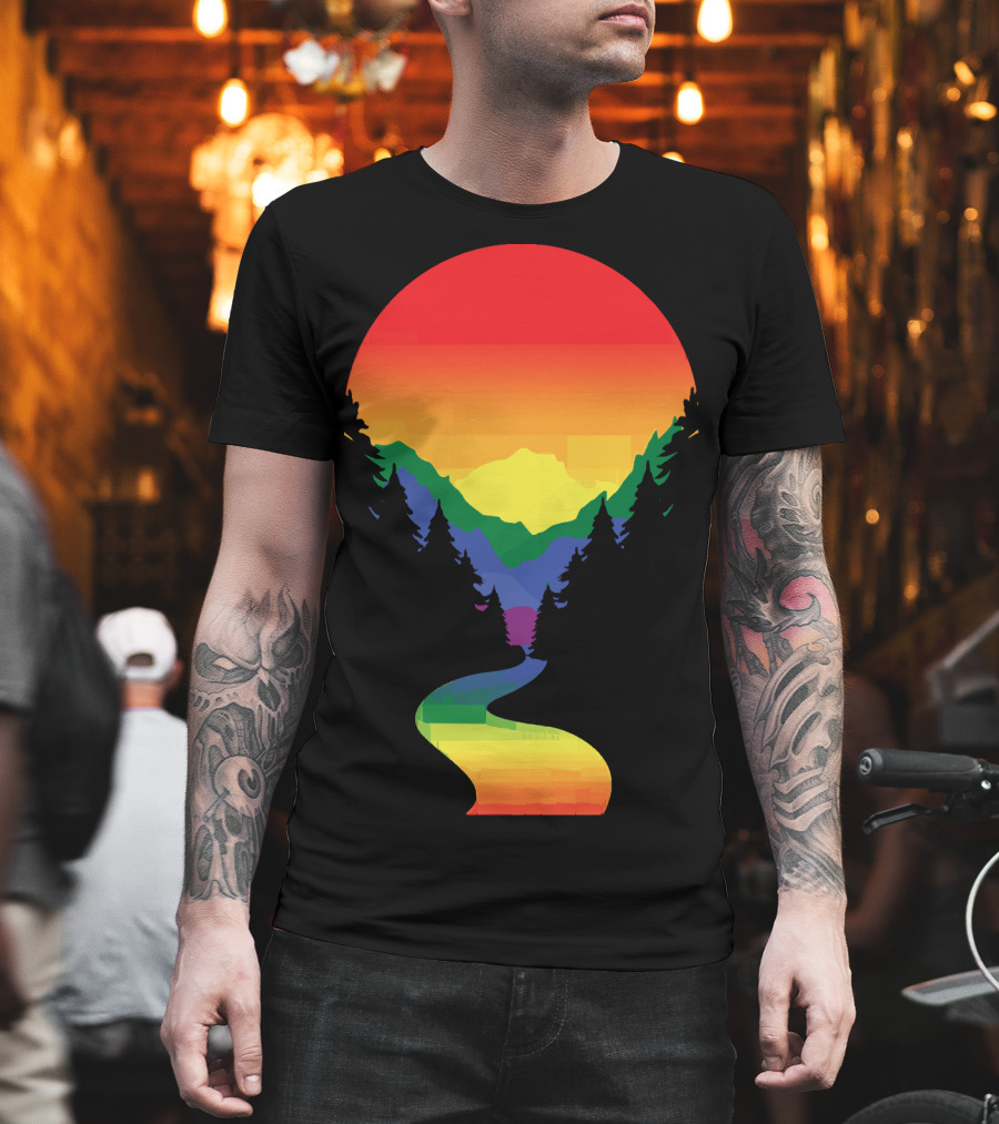 Rainbow Pride Sunset Silhouette Mountains Forest Pathway T-Shirt