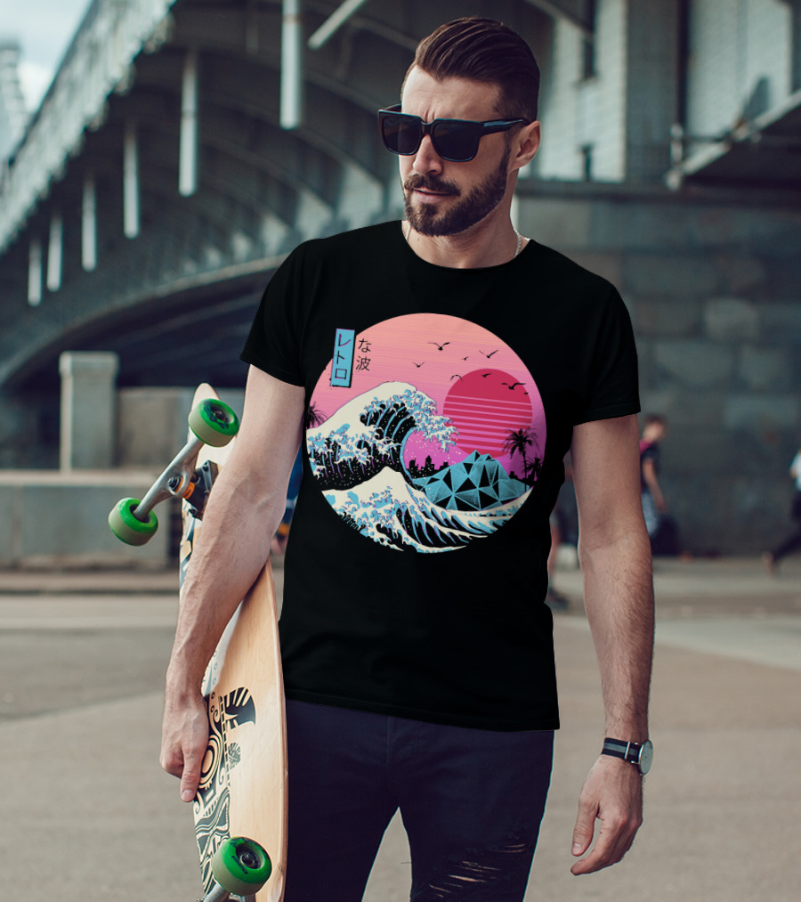 Retro Wave: The Great Sunset Surf With Palm Trees And Geometric Mountains T-Shirt