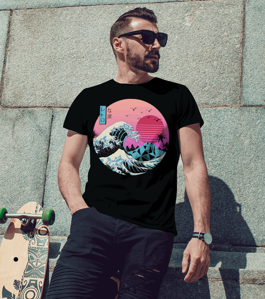 Retro Wave: The Great Sunset Surf With Palm Trees And Geometric Mountains T-Shirt