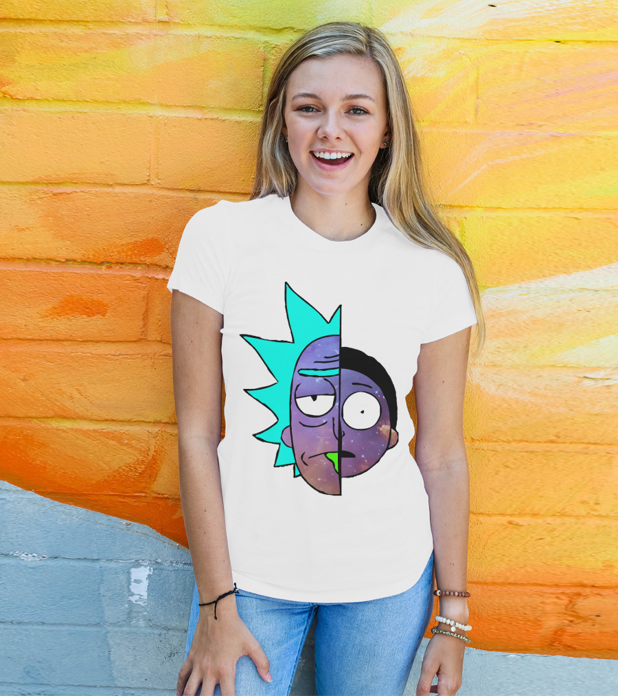 Galactic Rick And Morty Faces Cosmic Split Large T-Shirt