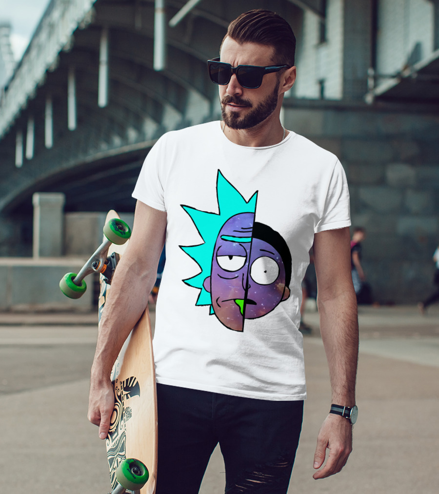 Galactic Rick And Morty Faces Cosmic Split Large T-Shirt