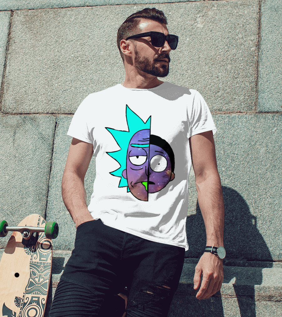 Galactic Rick And Morty Faces Cosmic Split Large T-Shirt