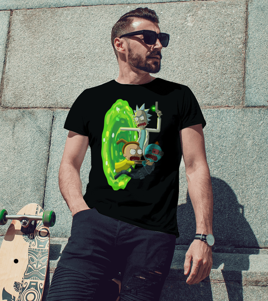 Rick And Morty Portal Escape With Meeseeks Cyborg Adventure T-Shirt