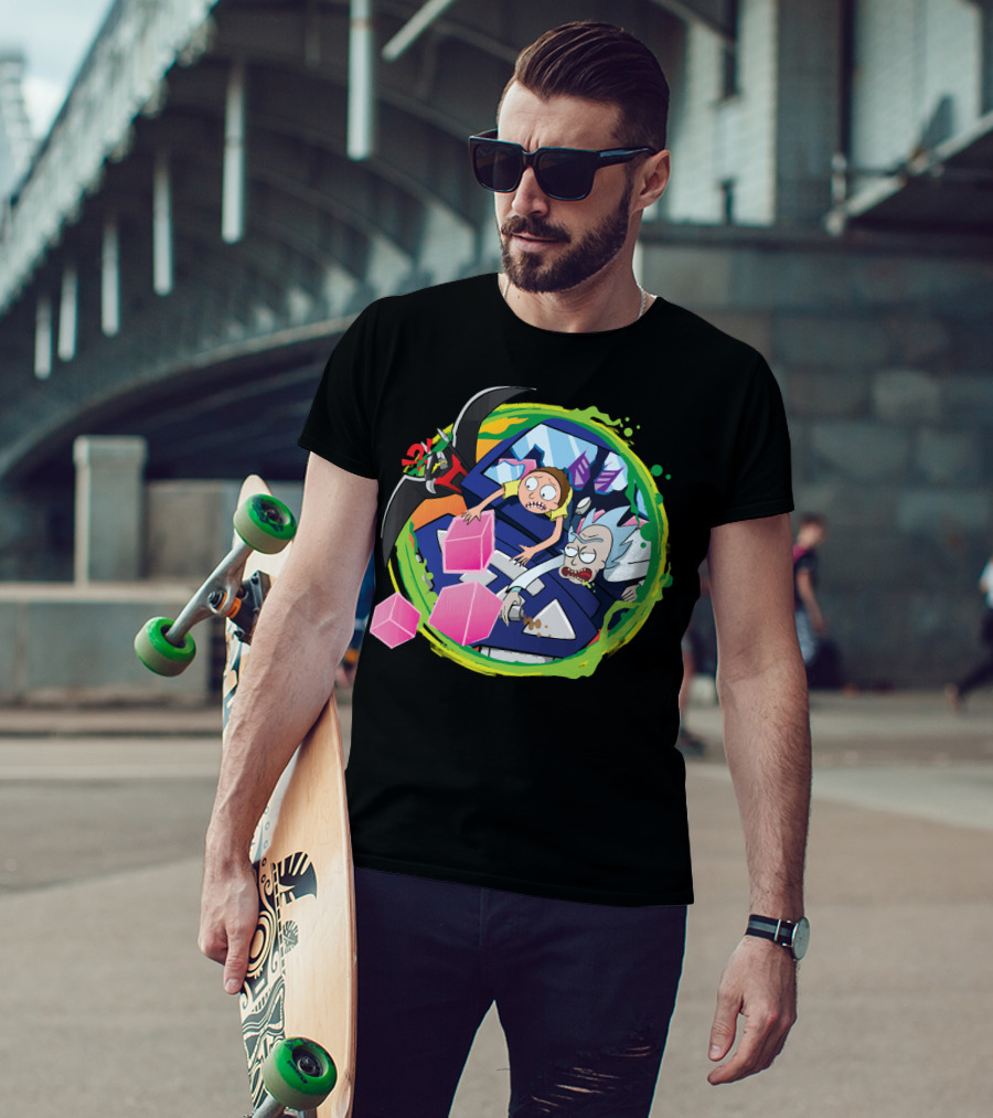 Rick And Morty In Cyber Portal Adventure With Pink Cubes And Alien Figures T-Shirt