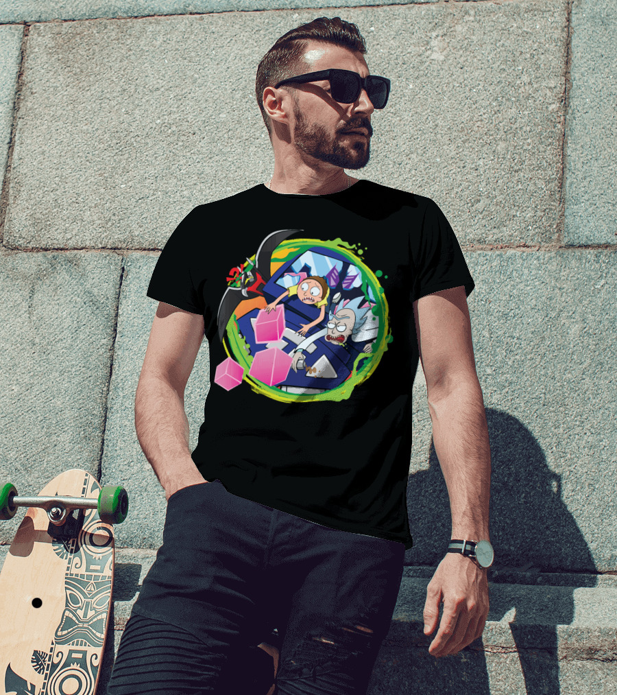 Rick And Morty In Cyber Portal Adventure With Pink Cubes And Alien Figures T-Shirt