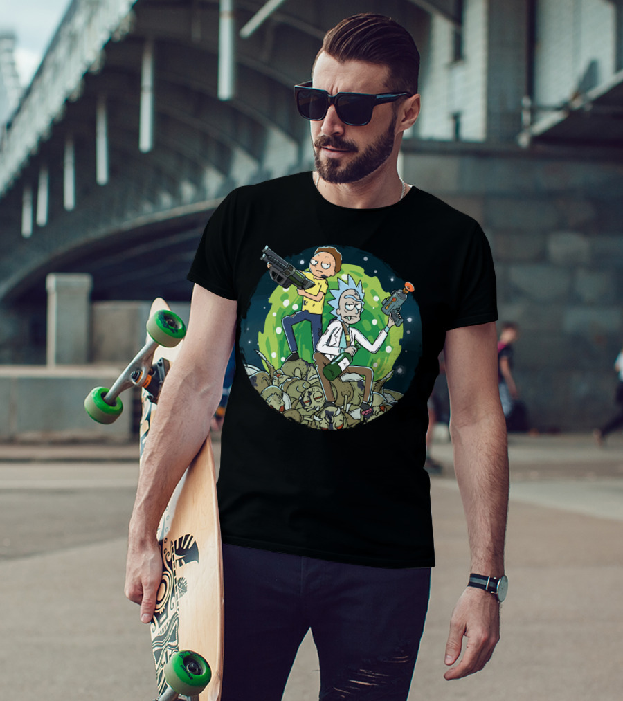 Rick And Morty Battle Against The Gromflomites In Outer Space Adventure Background T-Shirt