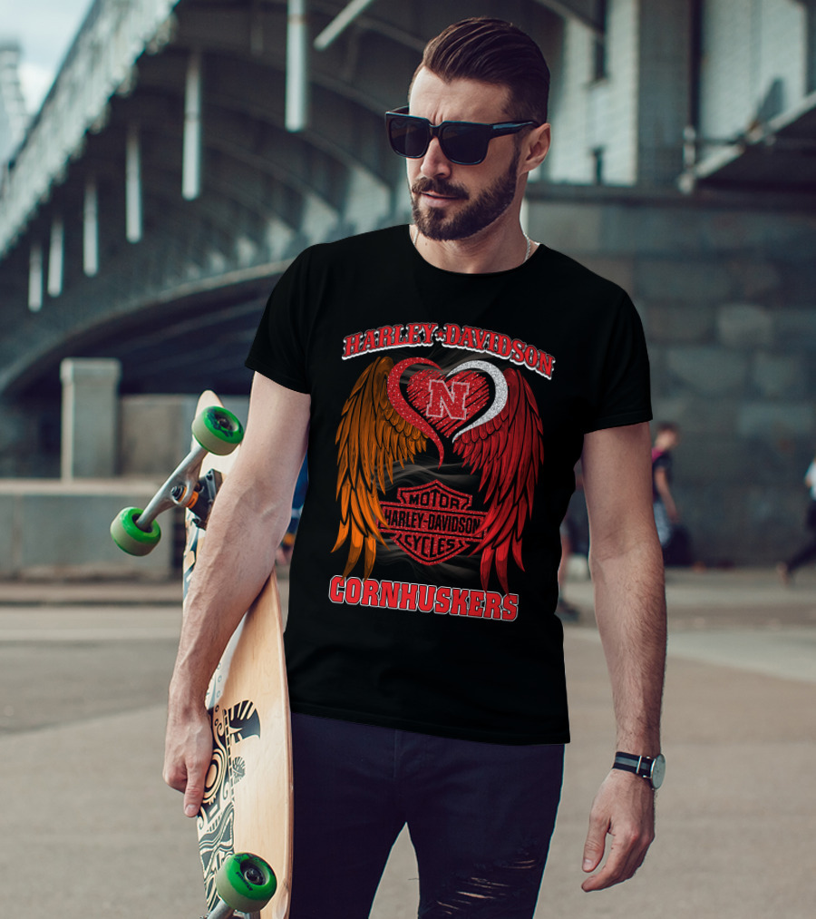 Harley Davidson Heart Wings Nebraska Cornhuskers Motorcycles T-Shirt