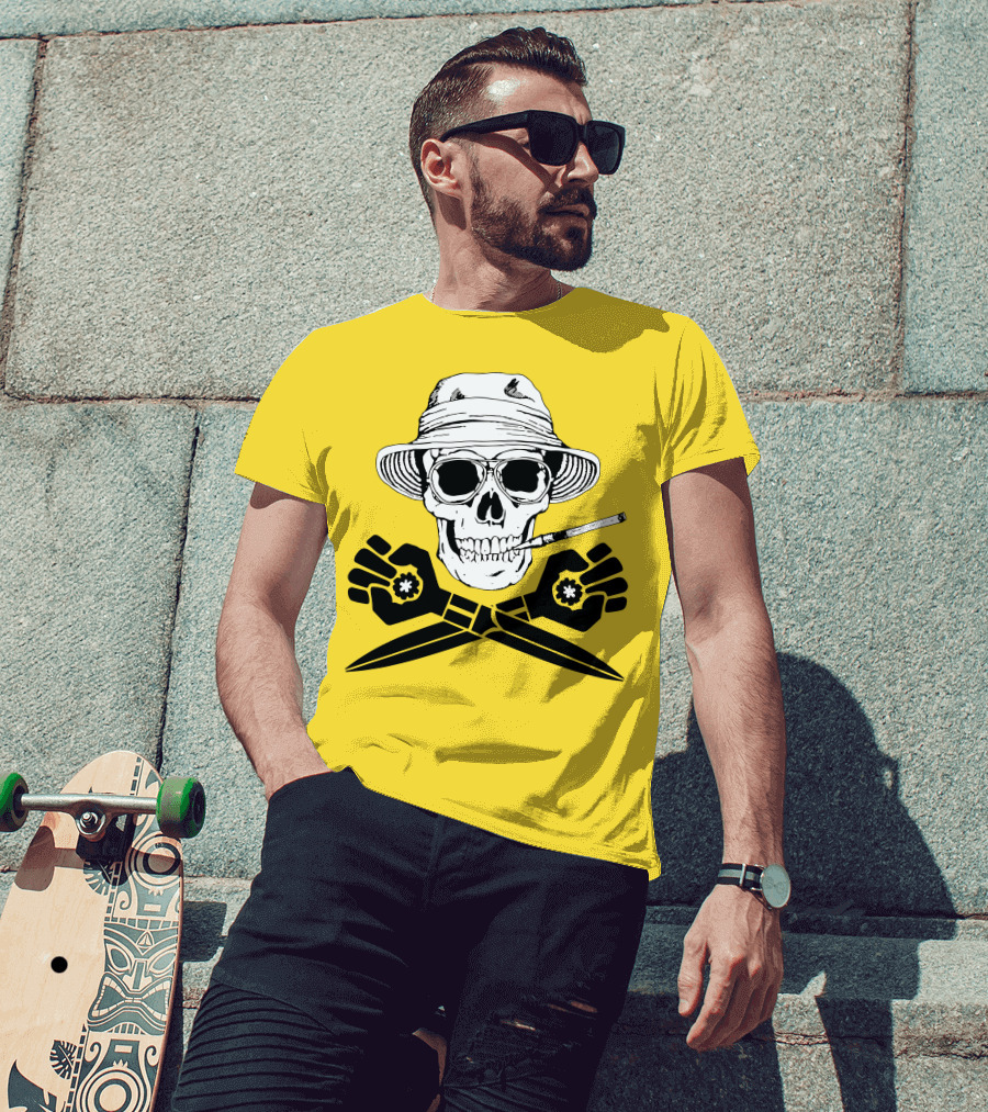 Hunter Thompson Skull Smoking With Hat And Scissors T-Shirt