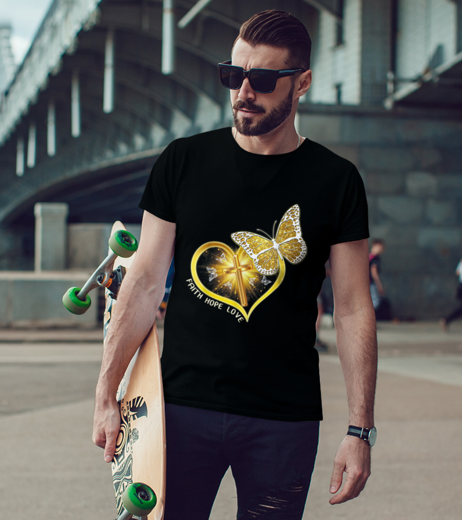 Faith Hope Love Butterfly Heart Christian Cross Jesus T-Shirt
