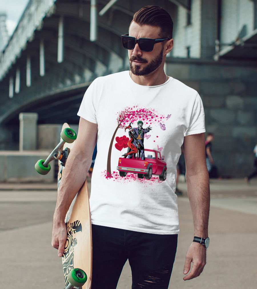 Harley Quinn And Joker Standing On Red Truck With Hearts And Butterflies T-Shirt