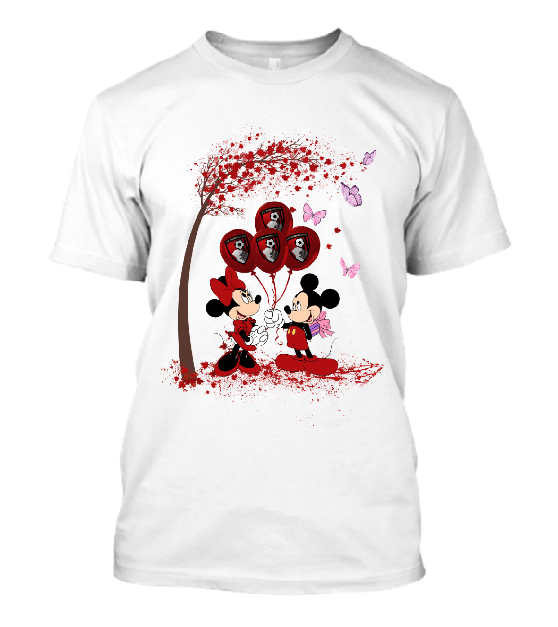 DH 29 Premier League AFC Bournemouth Mickey Minnie Balloons Tree Butterflies T-Shirt
