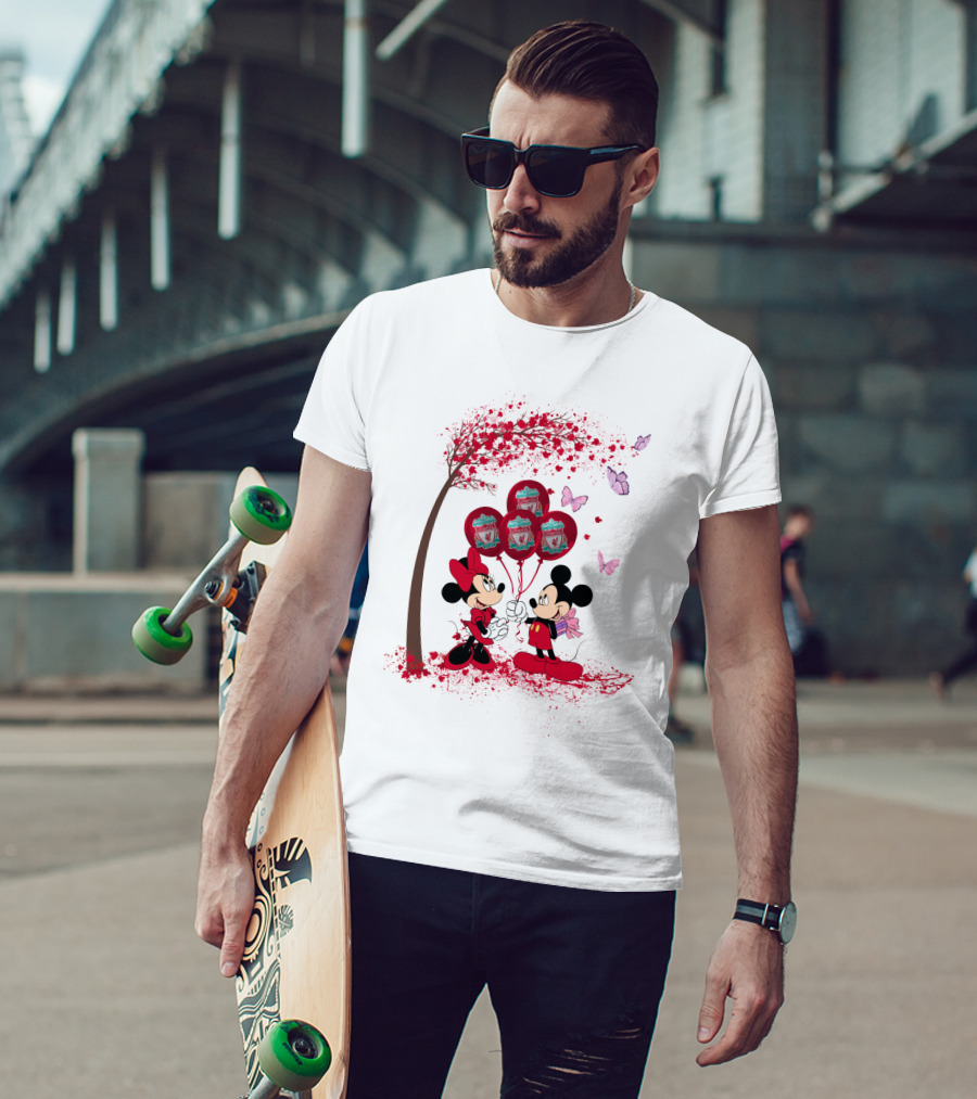 Mickey Minnie Holding Liverpool FC Balloons Under Blossoming Tree With Butterflies T-Shirt