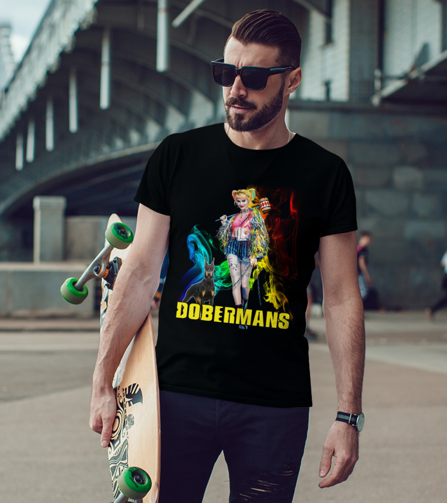 Harley Quinn Dobermans Colorful Character With Mallet And Dog T-Shirt