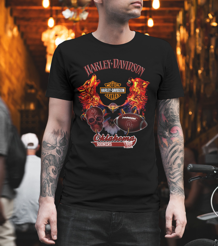 Harley Davidson Oklahoma Sooners Wolves Eagle Skull Football T-Shirt