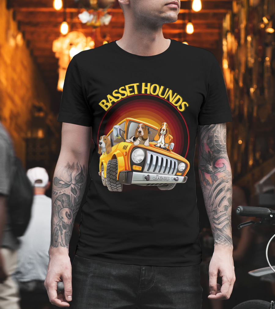 Basset Hounds Jeep Adventure With Dh 51 Basset Hounds Car T-Shirt