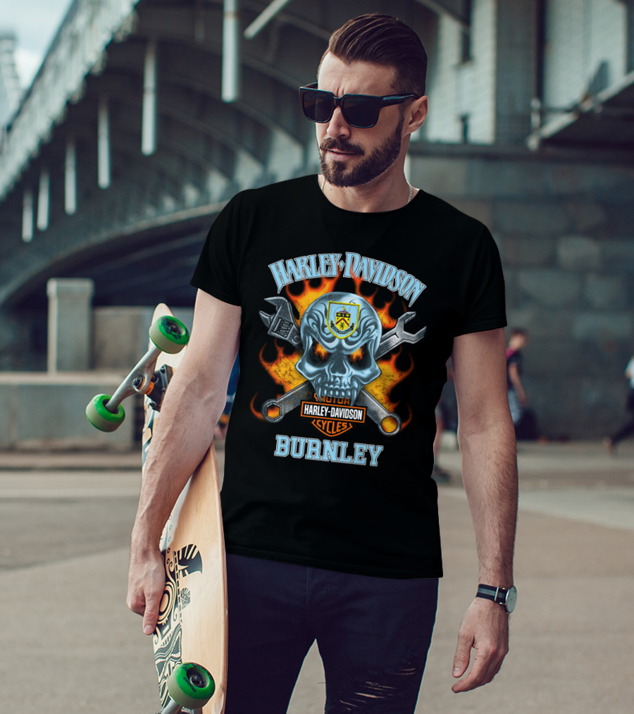 Harley Davidson Motor Cycles Burnley Skull And Tools Flames T-Shirt