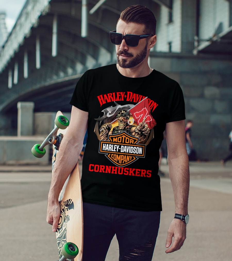 Harley Davidson Company Cornhuskers Skeleton With Nebraska Flag T-Shirt