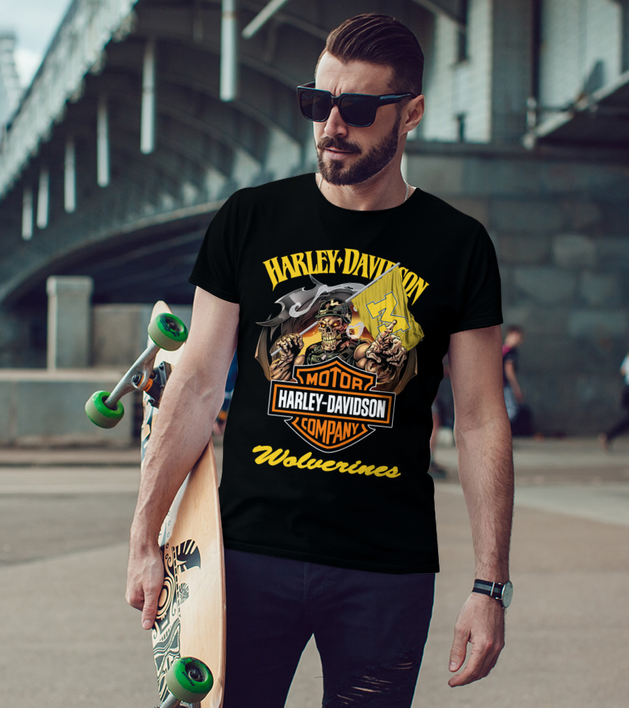 Harley Davidson Motor Company Michigan Wolverines 69 Flag Skeleton T-Shirt
