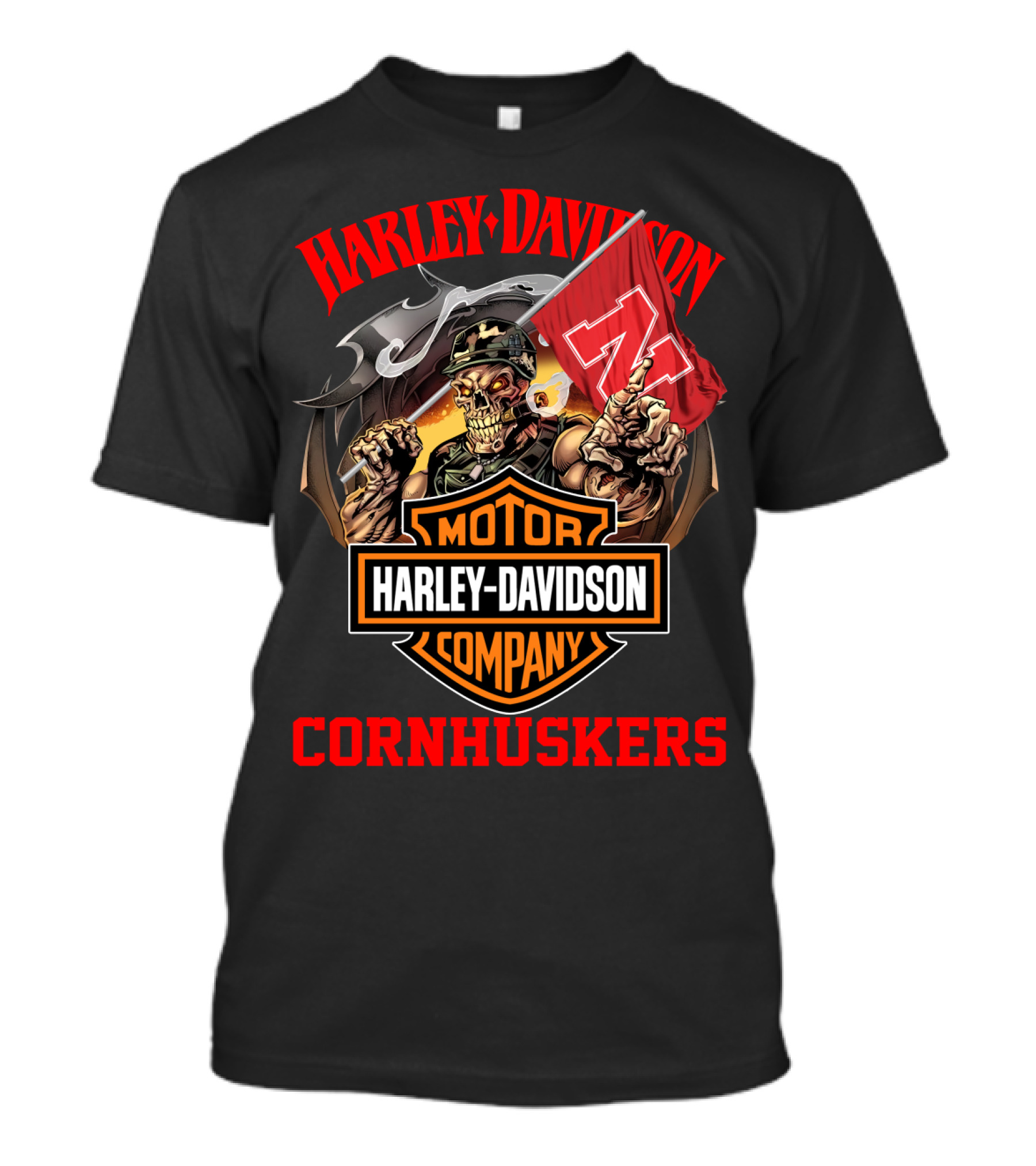 Harley Davidson Motor Company Cornhuskers Nebraska Skeleton Flag T-Shirt