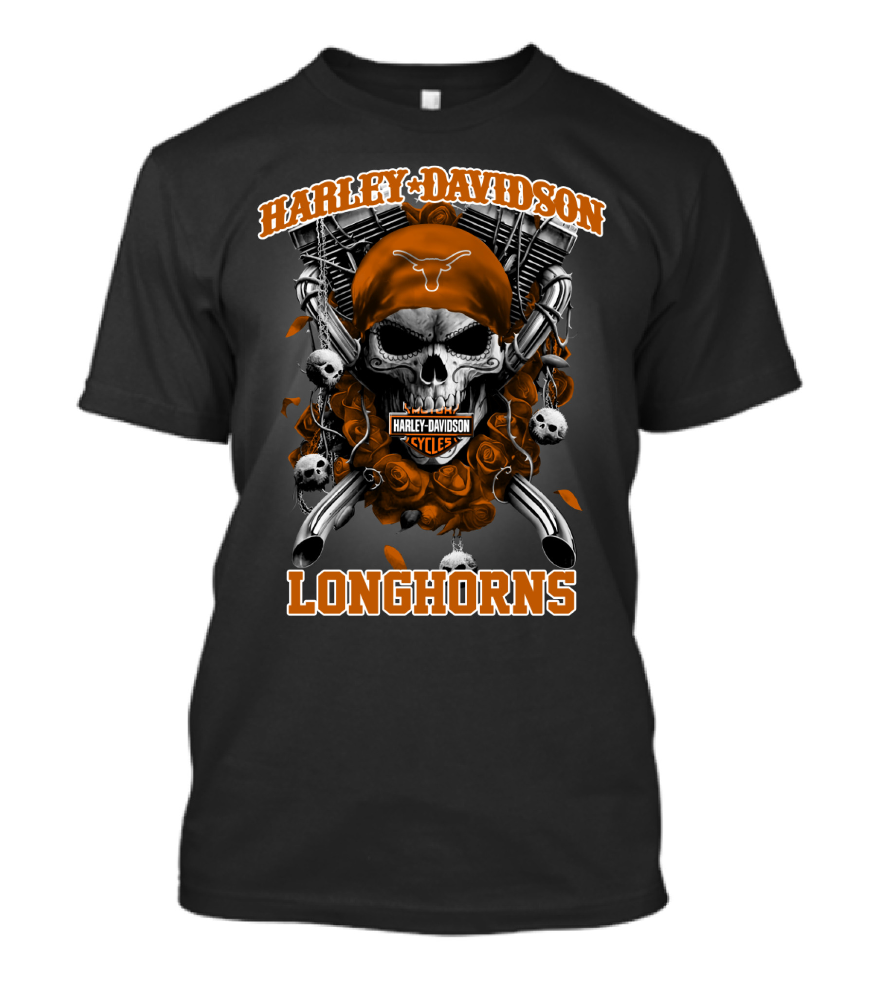 Harley Davidson Cycles Skull Orange Bandana Longhorns T-Shirt