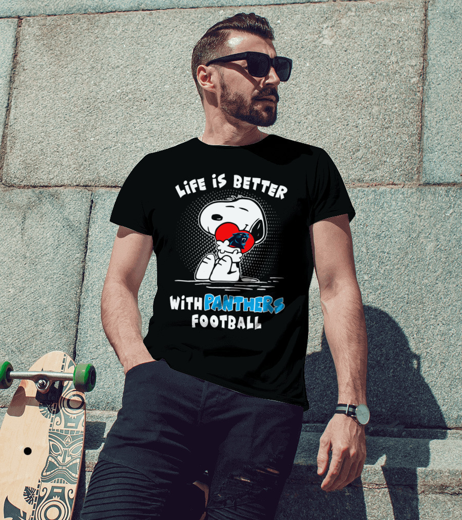 Life Is Better With Panthers Football Snoopy Hugging Heart T-Shirt