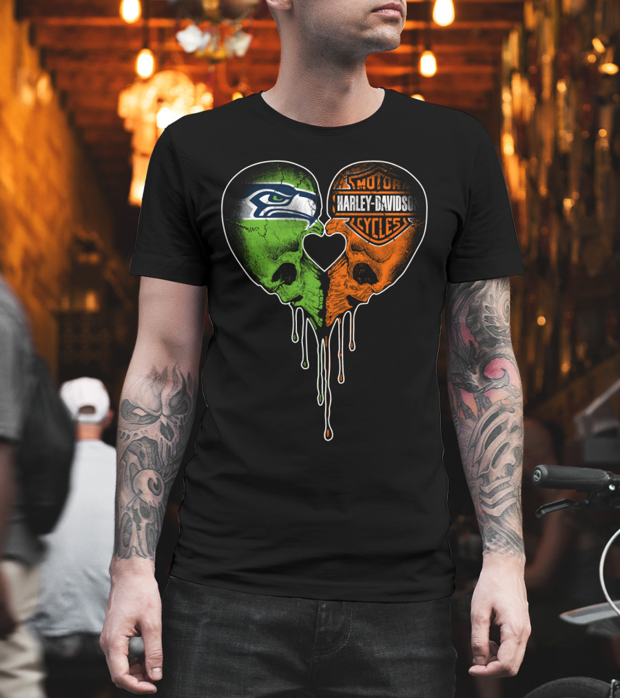 Seattle Seahawks Harley Davidson Heart Skull Drip T-Shirt