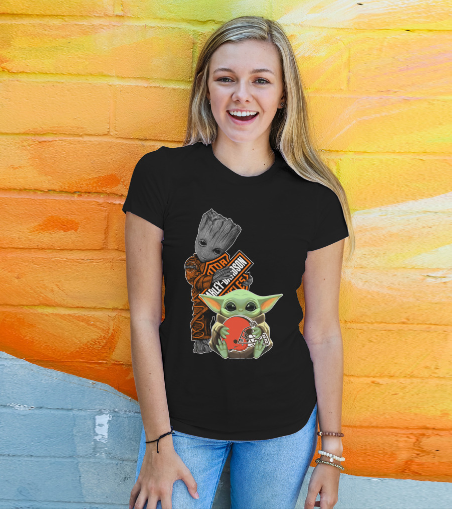 Harley Davidson Groot Baby Yoda Cleveland Browns Football T-Shirt