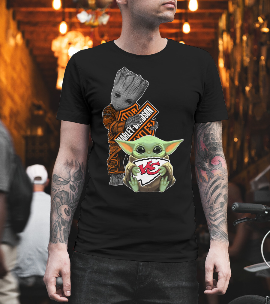 Harley Davidson Groot With Kansas City Chiefs Baby Yoda T-Shirt