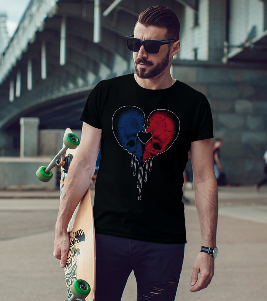 Split Red And Blue Skull Heart Dripping T-Shirt