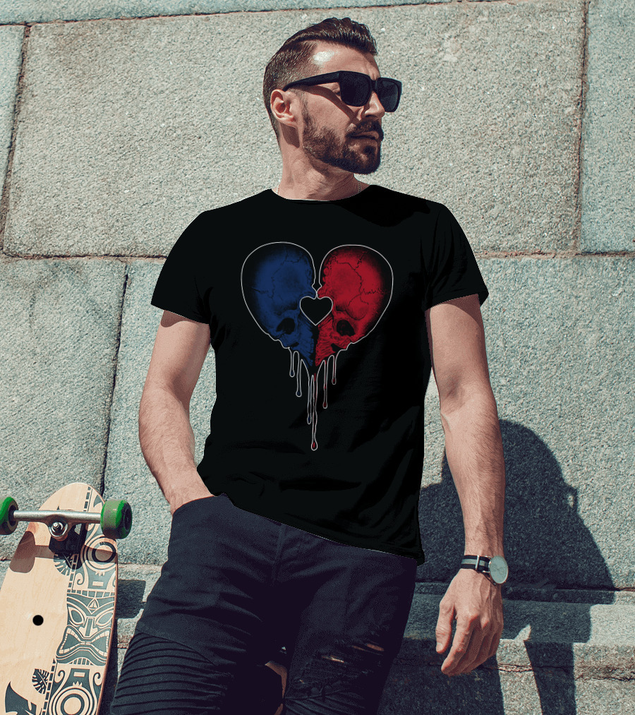 Split Red And Blue Skull Heart Dripping T-Shirt