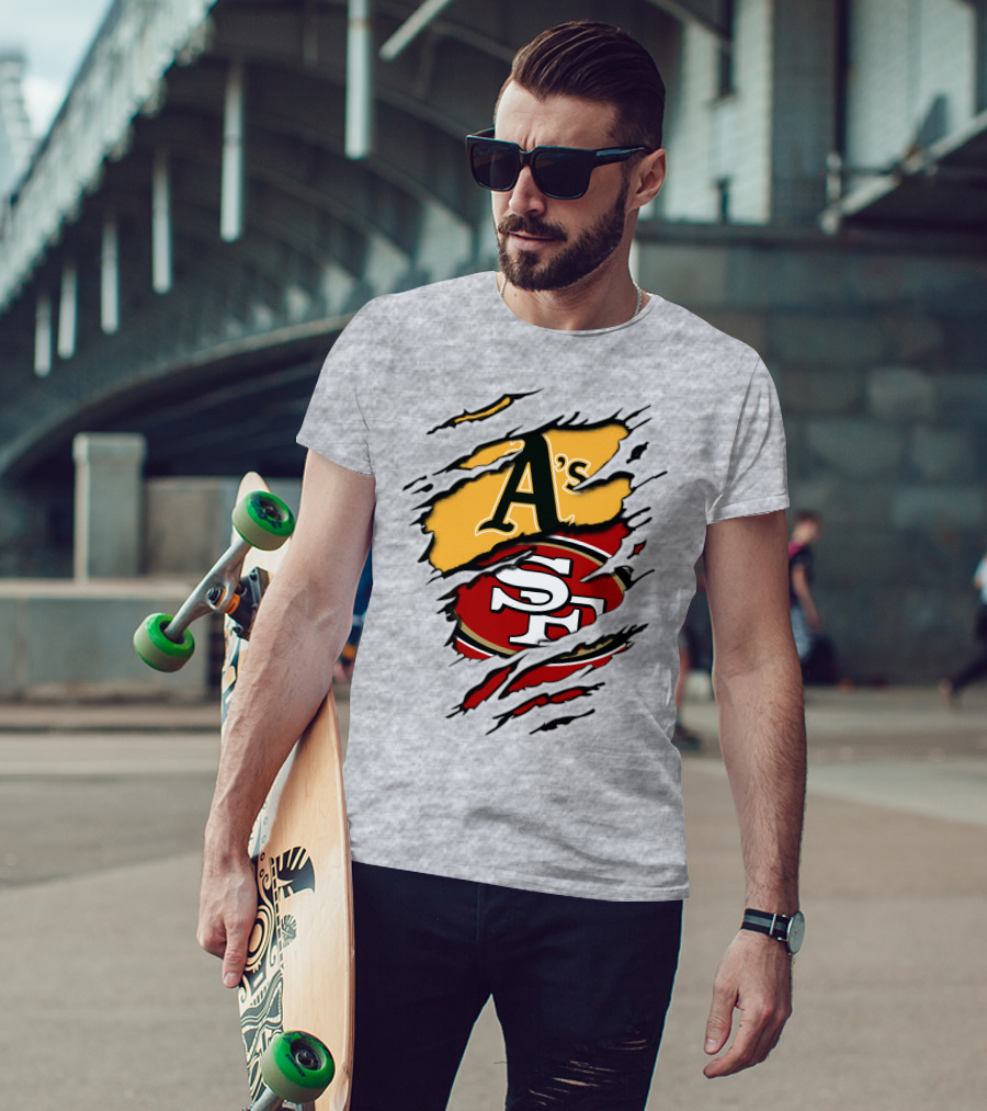 Oakland A's And San Francisco 49ers Torn Layered Logo Fusion T-Shirt