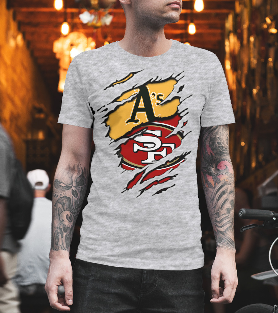 Oakland A's And San Francisco 49ers Torn Layered Logo Fusion T-Shirt