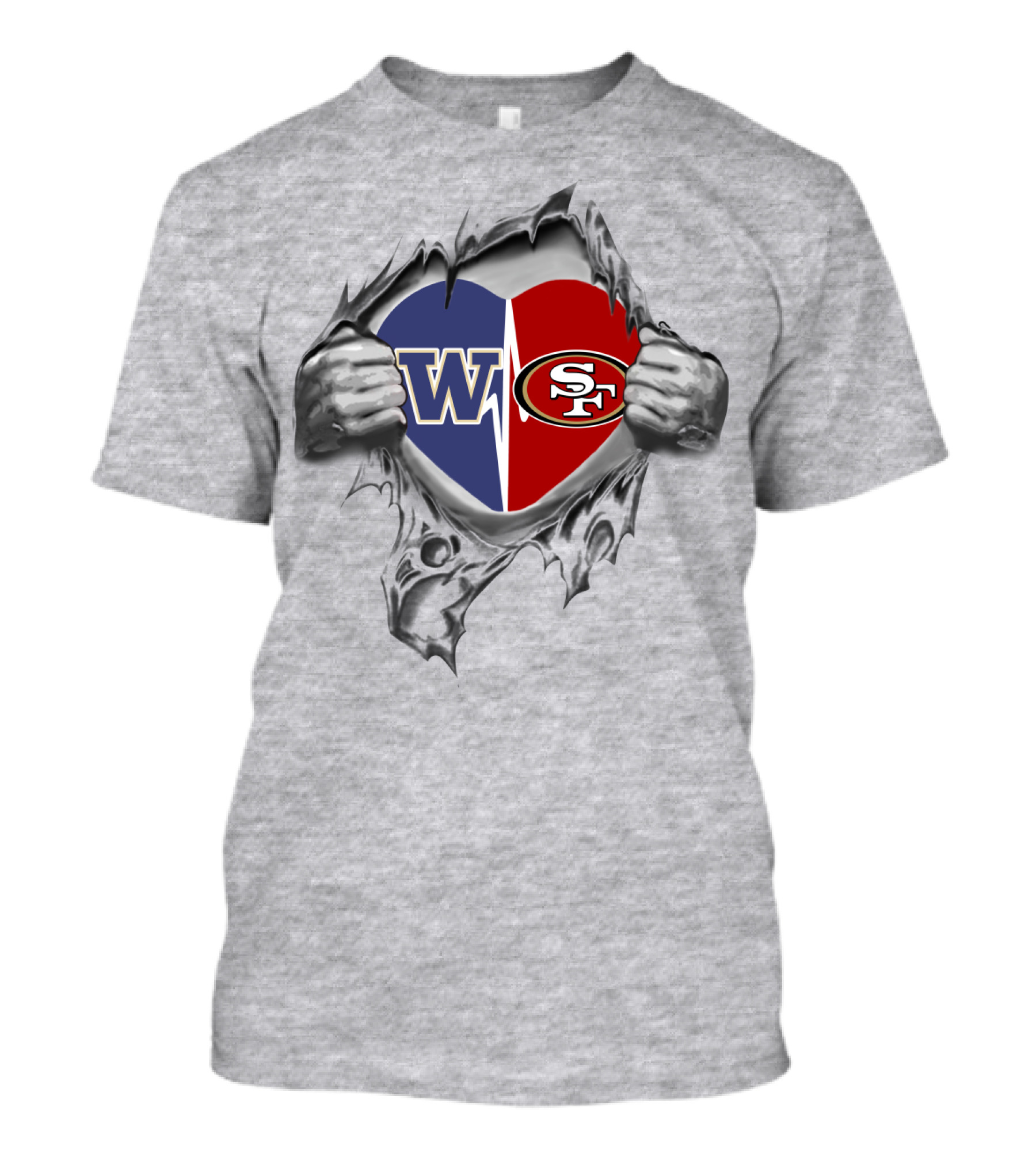 W Huskies SF 49ers Ripped Heart Logo Fusion T-Shirt