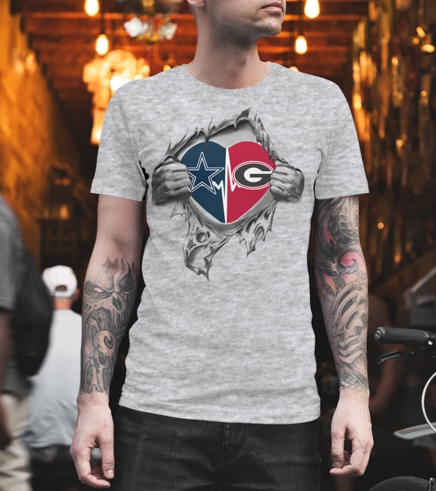 Cowboys Georgia Bulldogs Heartbeat Dual Logo Fan Love T-Shirt